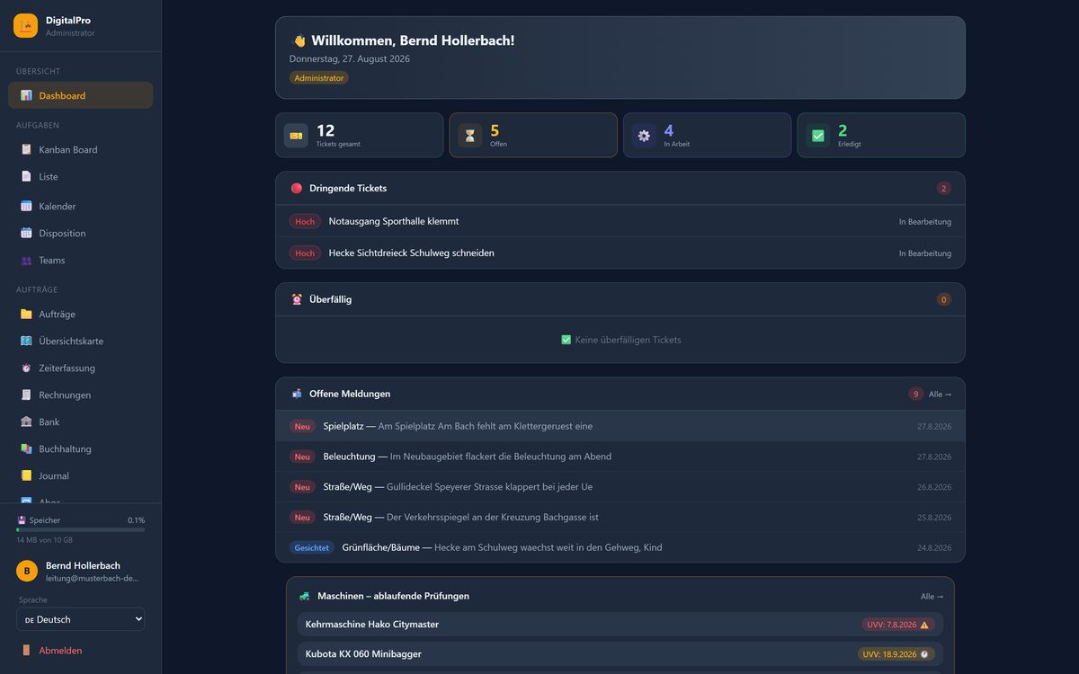 Dashboard von digitalPRO Ida mit Aufgaben, Prüfungen und Bürgermeldungen